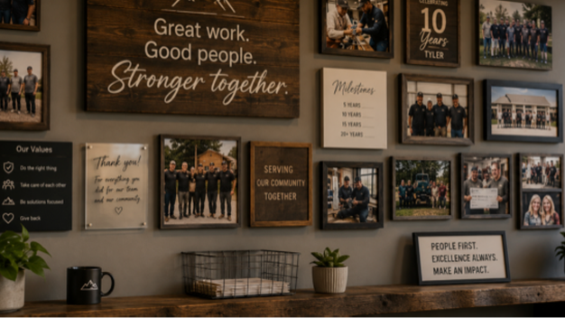 Employee culture and employer branding display focused on teamwork, values, milestones, and community
