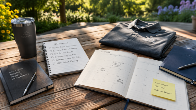 Q3 promotional planning materials with branded apparel, drinkware, notebooks, and a calendar